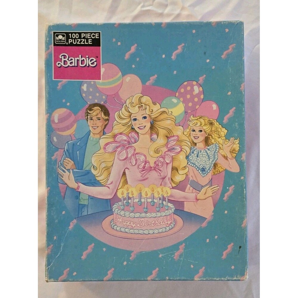 Barbie Vintage 1989 Golden 100 Pc Happy Birthday Puzzle W/ Barbie Ken & Skipper